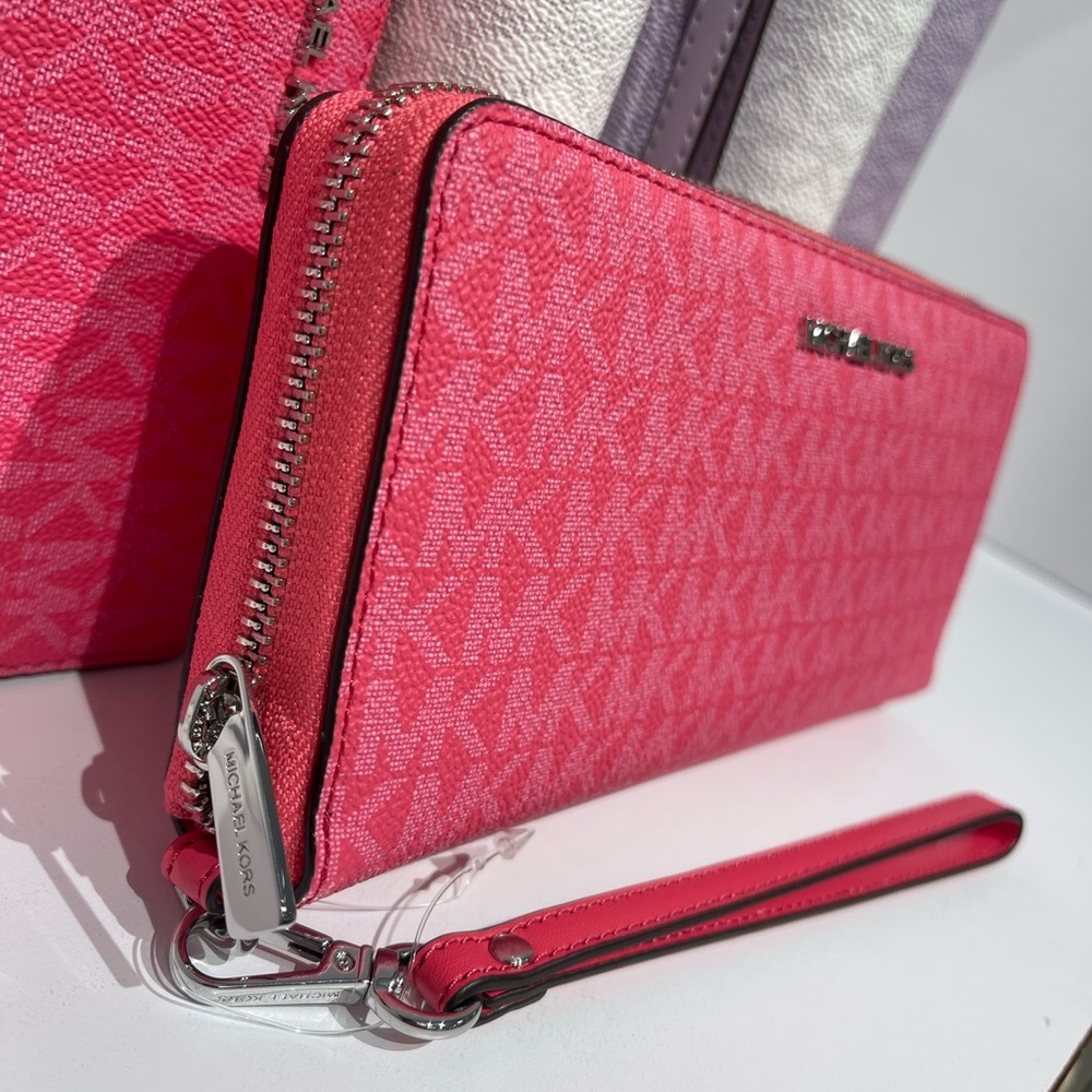 MICHAEL KORS Jet Set Large Signature Logo Continental Wallet Wristlet Hibiscus - Picture 4 of 16